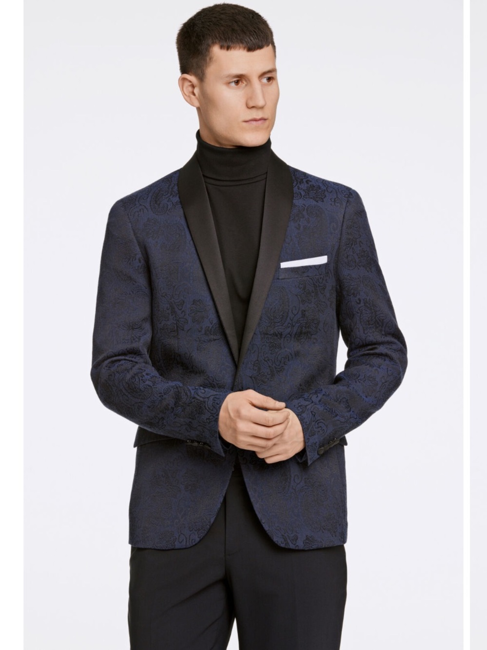 Lindbergh White Blazer Navy Paisley  Slim Fit jacket with Black Satin Lapel 36R